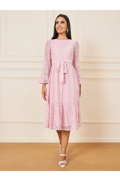 Styli All Over Lace Self Tie Up A-Line Midi Dress