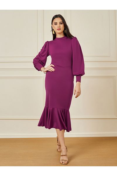 Styli High Neck Sheath Midi Dress with Frill Hem