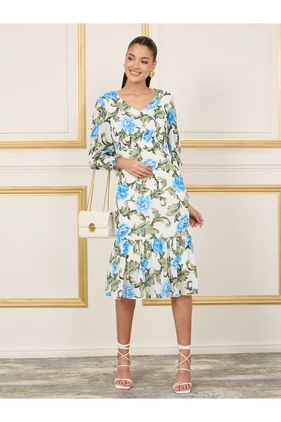 Styli Floral Print Smocked Detail Bodycon Midi Dress