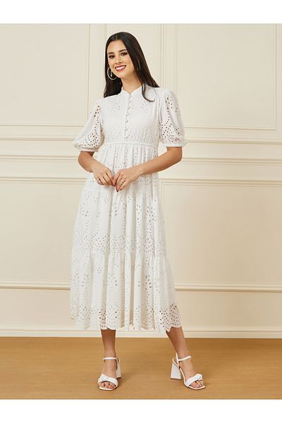 Styli Collared Self Design Tiered Midi Dress