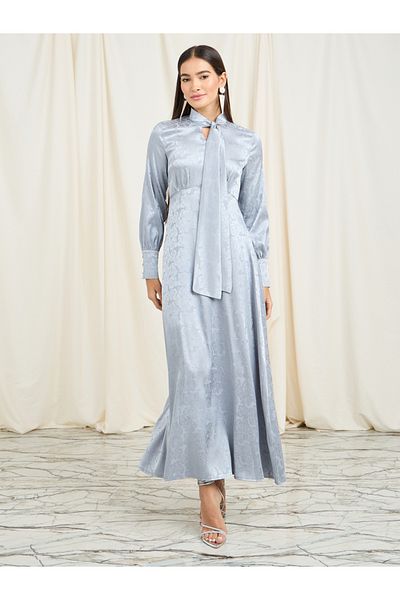Styli Satin Jacquard Print Tie Up Neck A-Line Maxi Dress