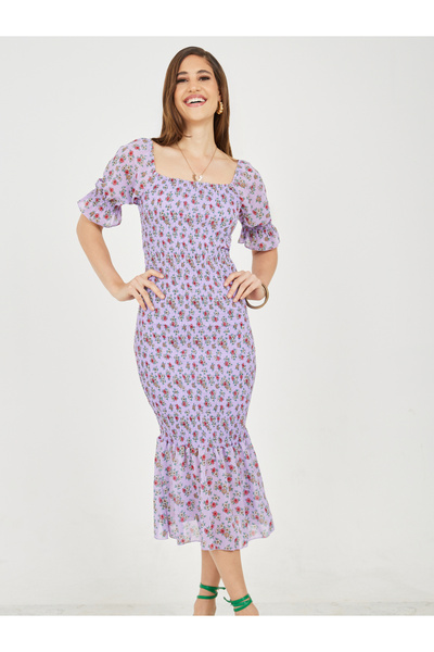 Styli Ditsy Print Smocked Detail Mermaid Hem Midi Dress
