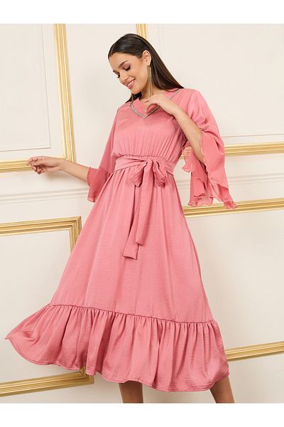 Styli Embroidered 3/4 Sleeves A-Line Midi Dress with Tie Belt