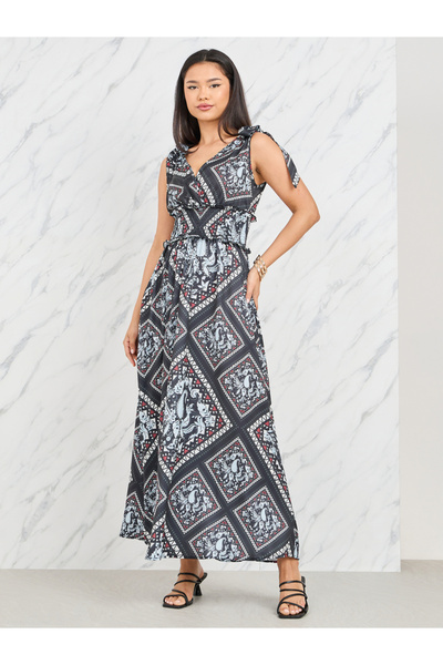 Styli طباعة وشاح Smocked الخصر التعادل الأكمام ألف خط فستان ماكسي