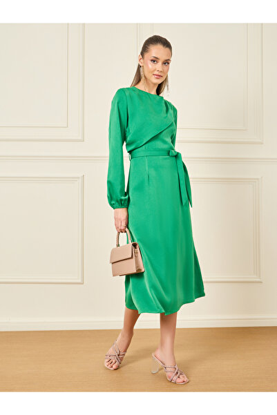 Styli Fold Pleat Detail Self Tie Up A-Line Midi Dress