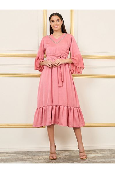 Styli Embroidered 3/4 Sleeves A-Line Midi Dress with Tie Belt