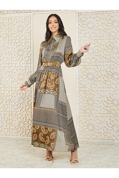 Styli Scarf AOP Collared A-Line Maxi Dress