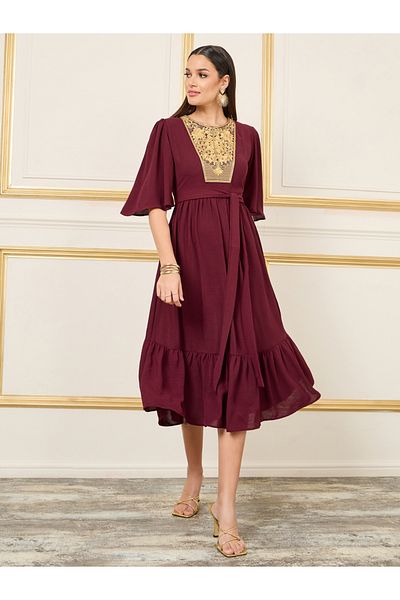 Styli Embroidered 3/4 Sleeve Tiered Midi Dress with Tie Belt