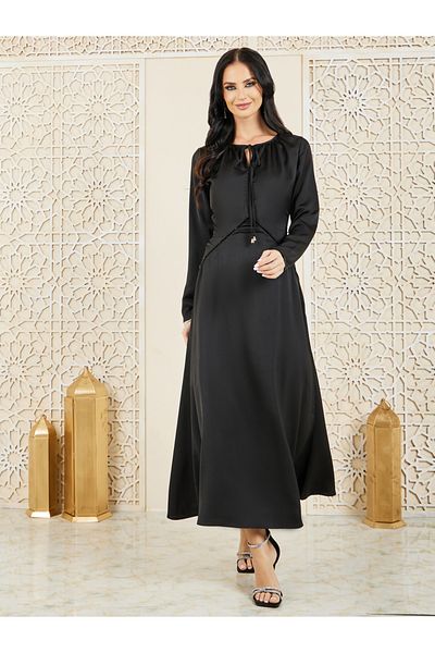 Styli Satin Shiny Lace Trim A-Line Maxi Dress