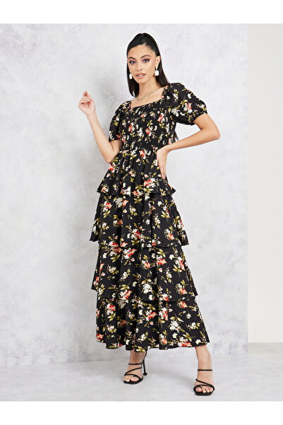 Styli Floral Printed Tiered Maxi Dress