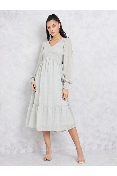 Styli Dobby Smocked A-Line Midi Dress with Cuff Sleeves
