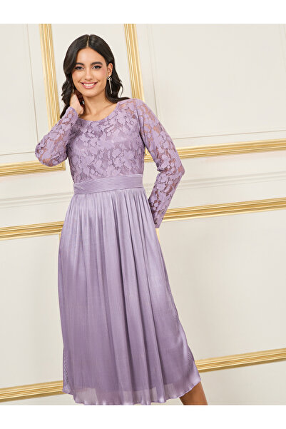 Styli فستان متوسط ​​الطول من الساتان بتفاصيل دانتيل على شكل حرف A