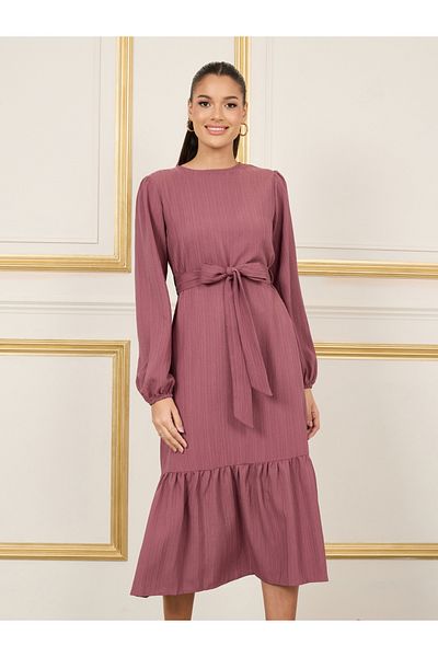 Styli Textured Self Tie Up A-Line Midi Dress