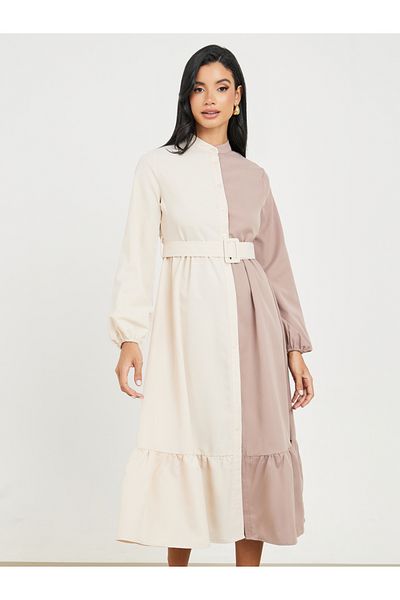 Styli Colorblock Belted A-Line Shirt Midi Dress