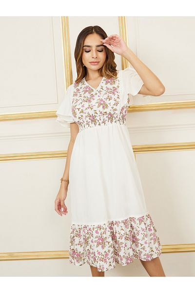 Styli Floral Print Lace Detail A-Line Midi Dress