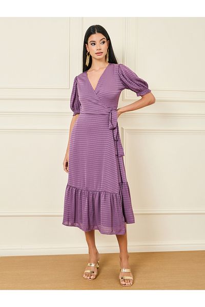 Styli Waffle Texture Ruffle Hem Wrap Midi Dress