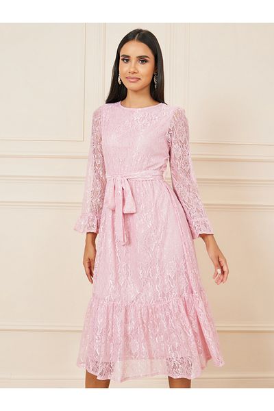 Styli All Over Lace Self Tie Up A-Line Midi Dress