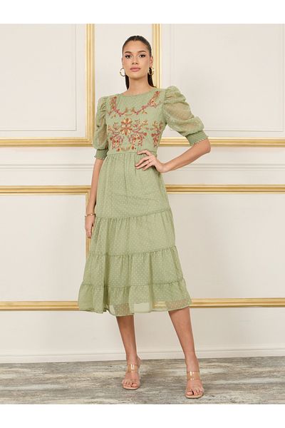 Styli Dobby Embroidered Ruched Detail Sleeves Tiered Midi Dress