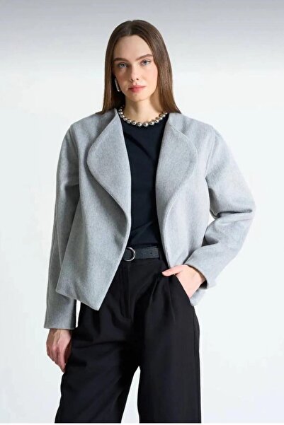 LOOSH Kadın Gri Yünlü Kısa Kaşe Kaban
