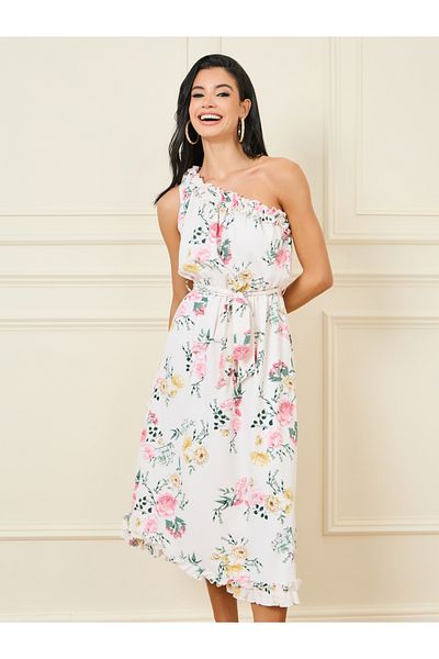 Styli Floral Print Ruffle Detail One Shoulder Neck A-Line Midi Dress