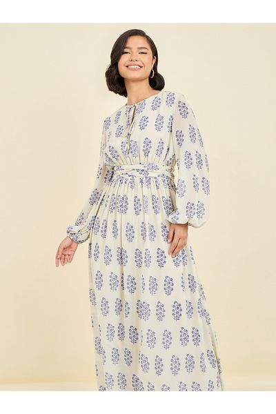Styli Floral Print Tie Up Neck A-Line Maxi Dress