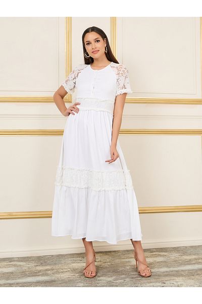 Styli Lace Detail Button Detail Aline Maxi Dress