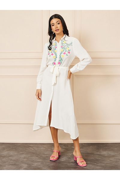 Styli Embroidered Self Tie Up Shirt Midi Dress