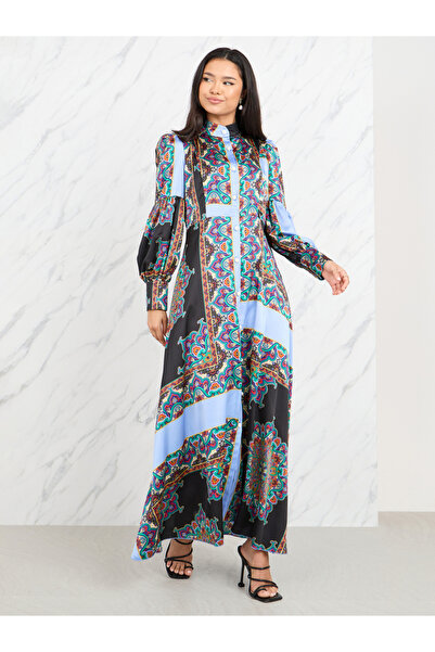 Styli Satin Bohemian Print A-Line Shirt Maxi Dress