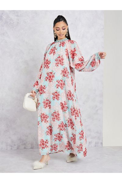 Styli Lace Detail Floral Print Shift Maxi Dress