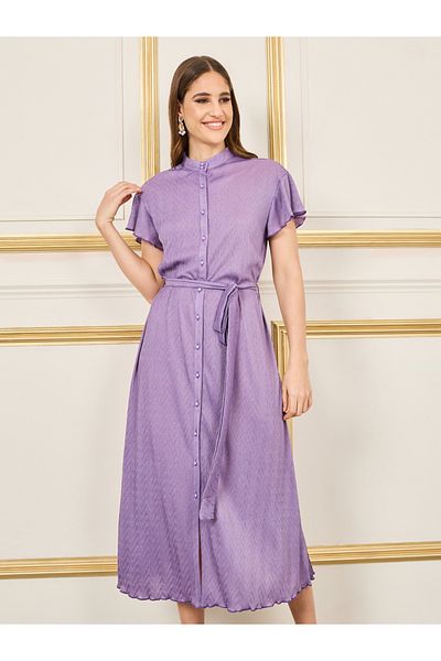 Styli Textured High Neck Self Tie Up Shift Midi Dress