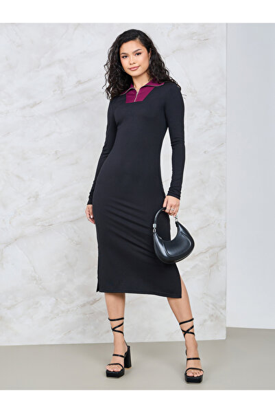 Styli Contrast Collar Rib Knit Bodycon Midi Dress