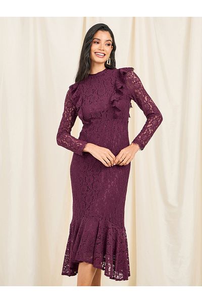 Styli All  Over Lace Ruffle Hem Midi Dress