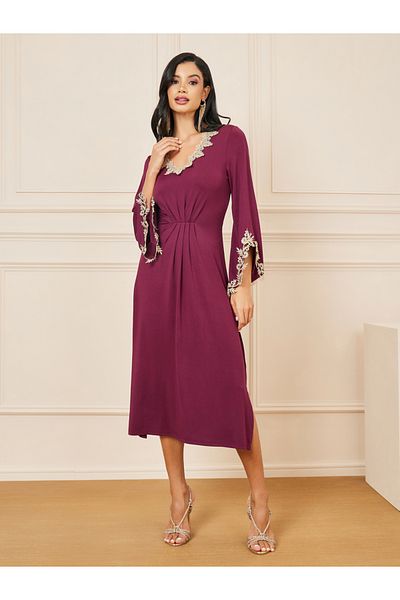 Styli Embroidered Lace Detail A-Line Midi Dress