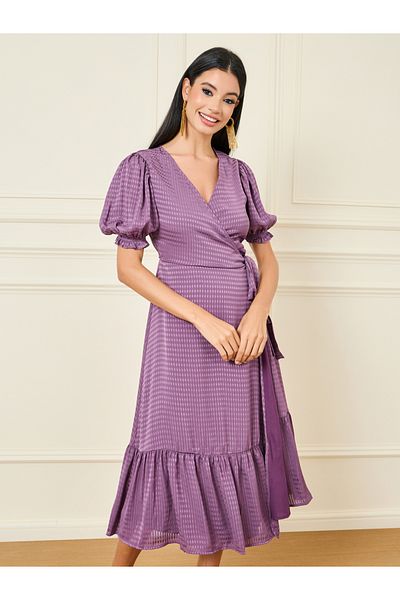 Styli Waffle Texture Ruffle Hem Wrap Midi Dress
