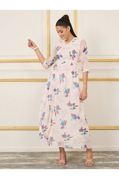 Styli Lace Trim Mirror Detail Floral AOP A-Line Maxi Dress