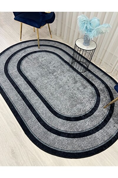 Brillant Gri - Lacivert - Hasır Jüt Sisal Bordürlü Görünümlü Dekoratif Halı