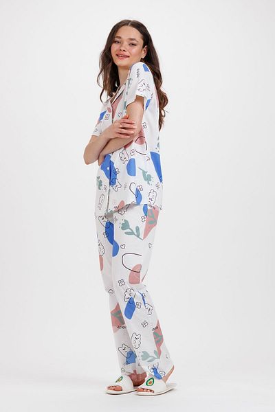 Ecrou Ecru Women's Pajamas - Jelly Printed, Baby Collar, Buttoned Single Top