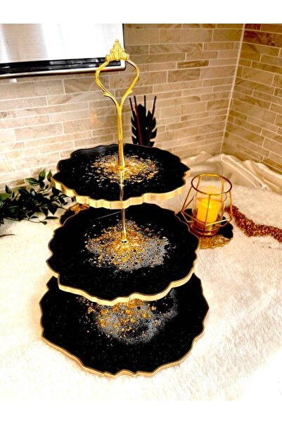 Sultan Tasarım Üç Katlı Altın Varaklı Sunumluk Kurabiyelik Meyvelik