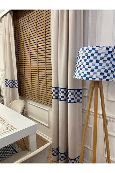 Brillant Pilesiz Ekstraforlu Damalı Fon Perde - Bej-mavi