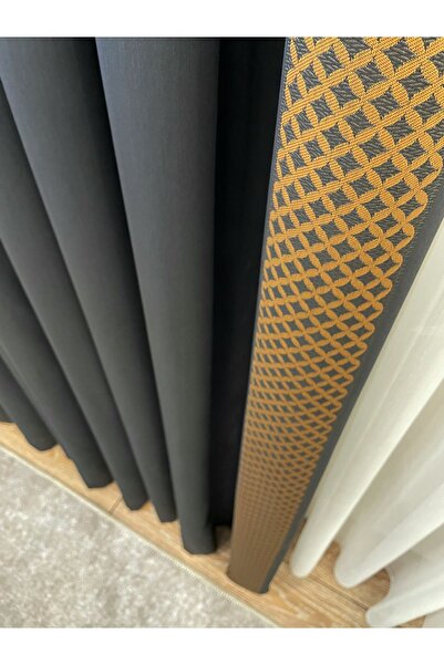 Brillant Pano Desen Jakar 1/3 Sık Pile Fon Perde Antrasit Gri - Bordür Altın