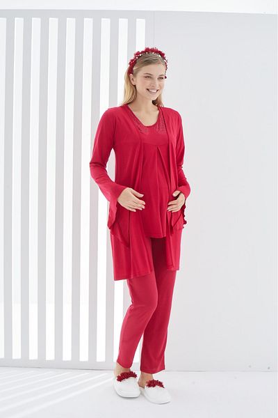 ERDENİZ TEKSTİL 3-Piece Maternity Pregnant Women's Pajamas Set - Nursing Feature, 55% Cotton and 45% Polyviscose