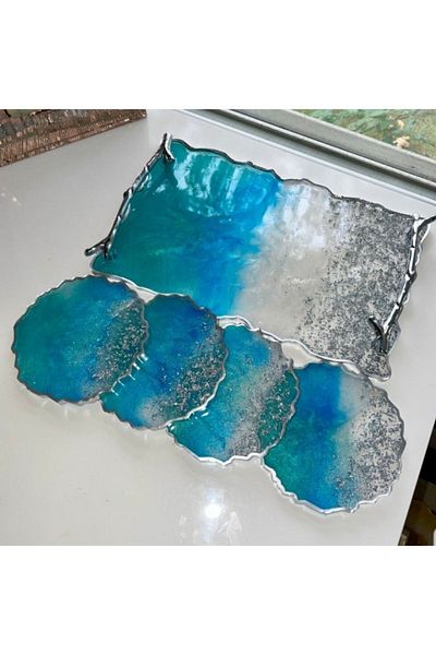 Sultan Tasarım Silver Leaf Round Wavy Epoxy Presentation Tray Coaster Set for Two Promise Engagement Groom