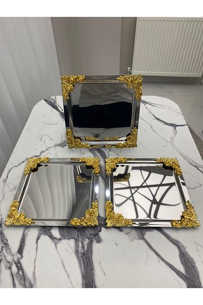Aslı Hediyelik Luxury 3-piece 4-corner Flower Patterned Silver Plated Model - Tea, Coffee, Treat Serving 21x21