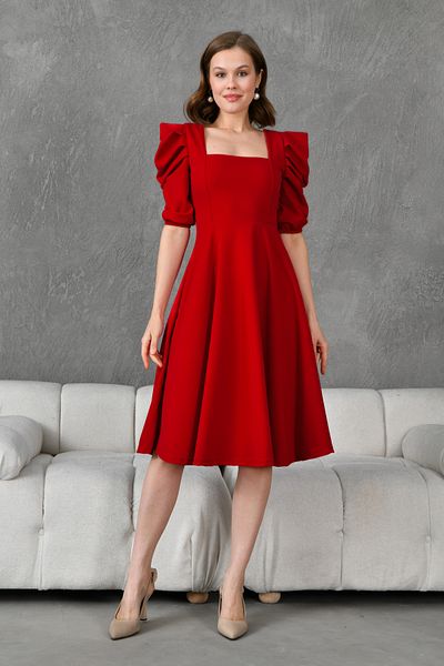 lovebox Red Crepe Midi Evening Dress - Square Neck, Short Sleeve Dress 080
