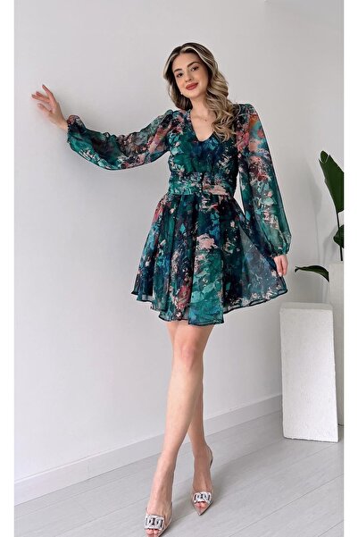 şems fashion Lined Chiffon Fabric - Short Dress with Elastic Waistband
