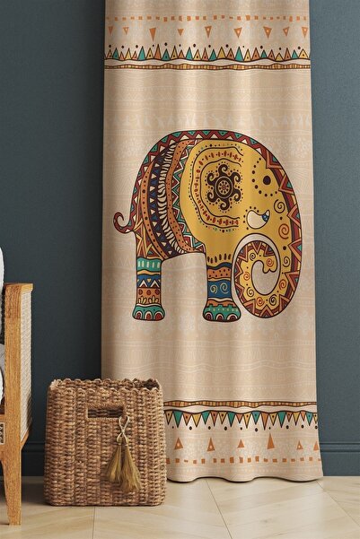 EVPANYA Etnik Hint Işlemeli Fil Desenli Fon Perde, Karartma Perde (tek Kanat ...