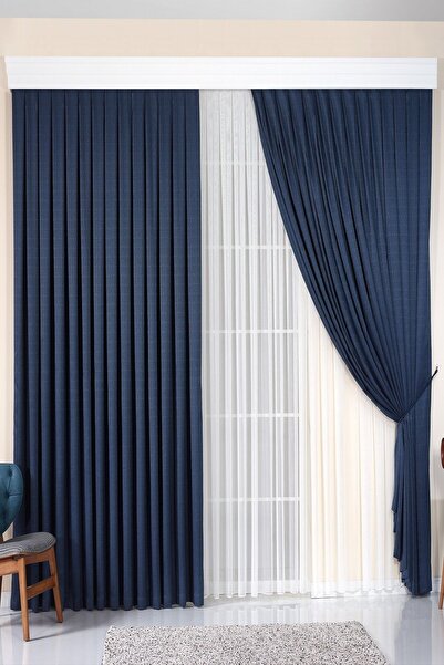 ELENOR Koyu Mavi Kendinden Baklava Desenli Jakar Fon Perde Hatmi - Pilesiz - ...