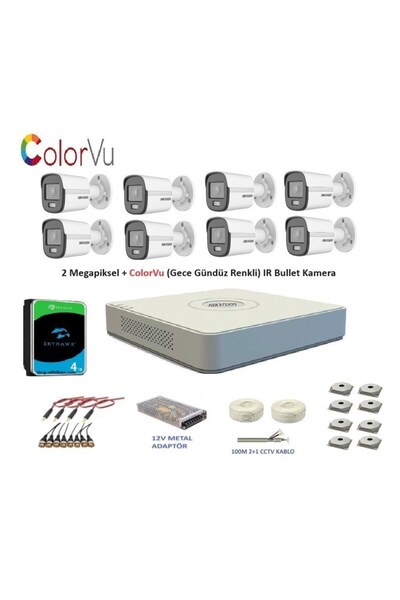 Hikvision 2mp 8 kameralı Dış ortam AHD HD-TVI ColorVu Gece Renkli Kamera Seti...