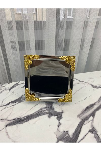 Aslı Hediyelik Luxury 4 Corner Floral Silver Plated - 21x21 Presentation Tray with Tea, Coffee, Treat Serving