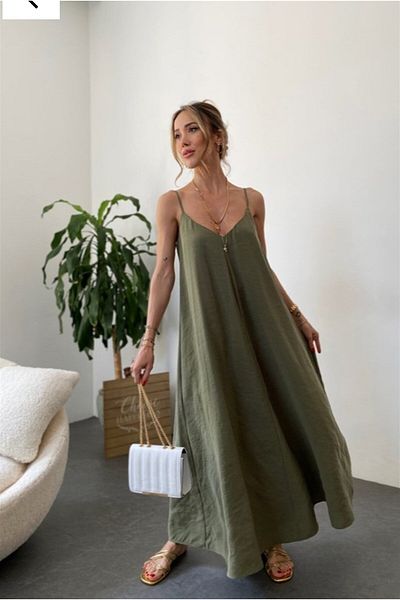BRGCLOTHING Lyocell Fabric Look Rochie lungă lejeră cu bretele subțiri cu decolteu în V